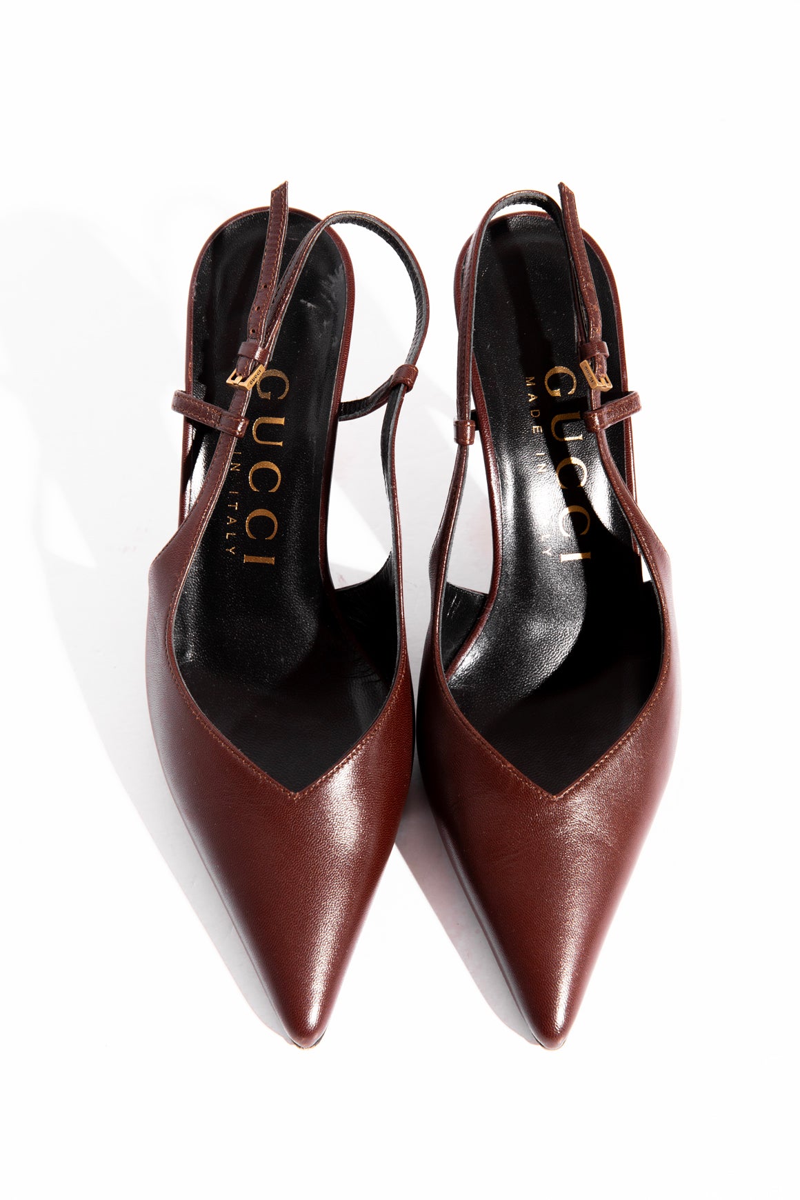 GUCCI Brown Pointed Slingback Gold Heels (Sz. 36)