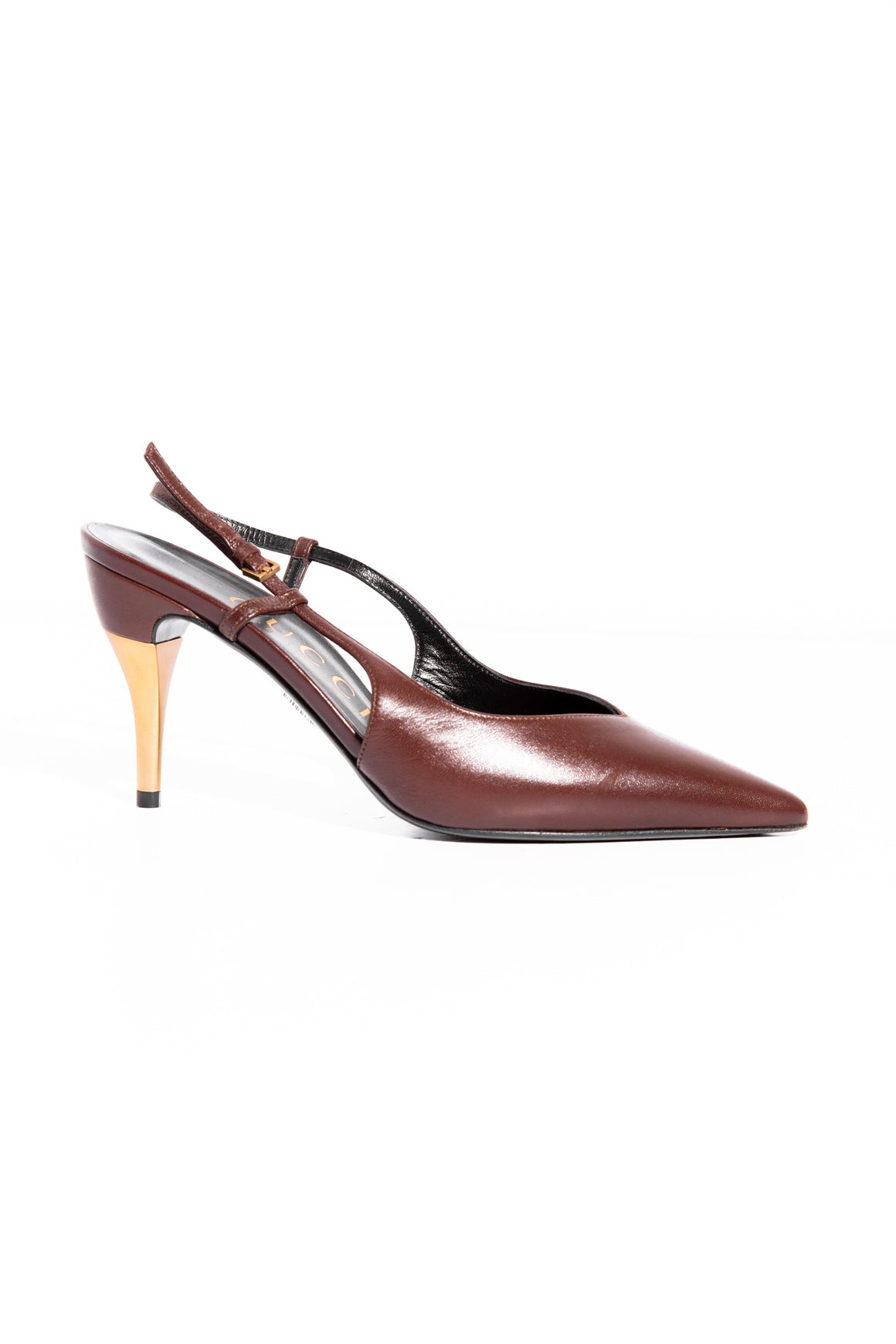 GUCCI Brown Pointed Slingback Gold Heels (Sz. 36)