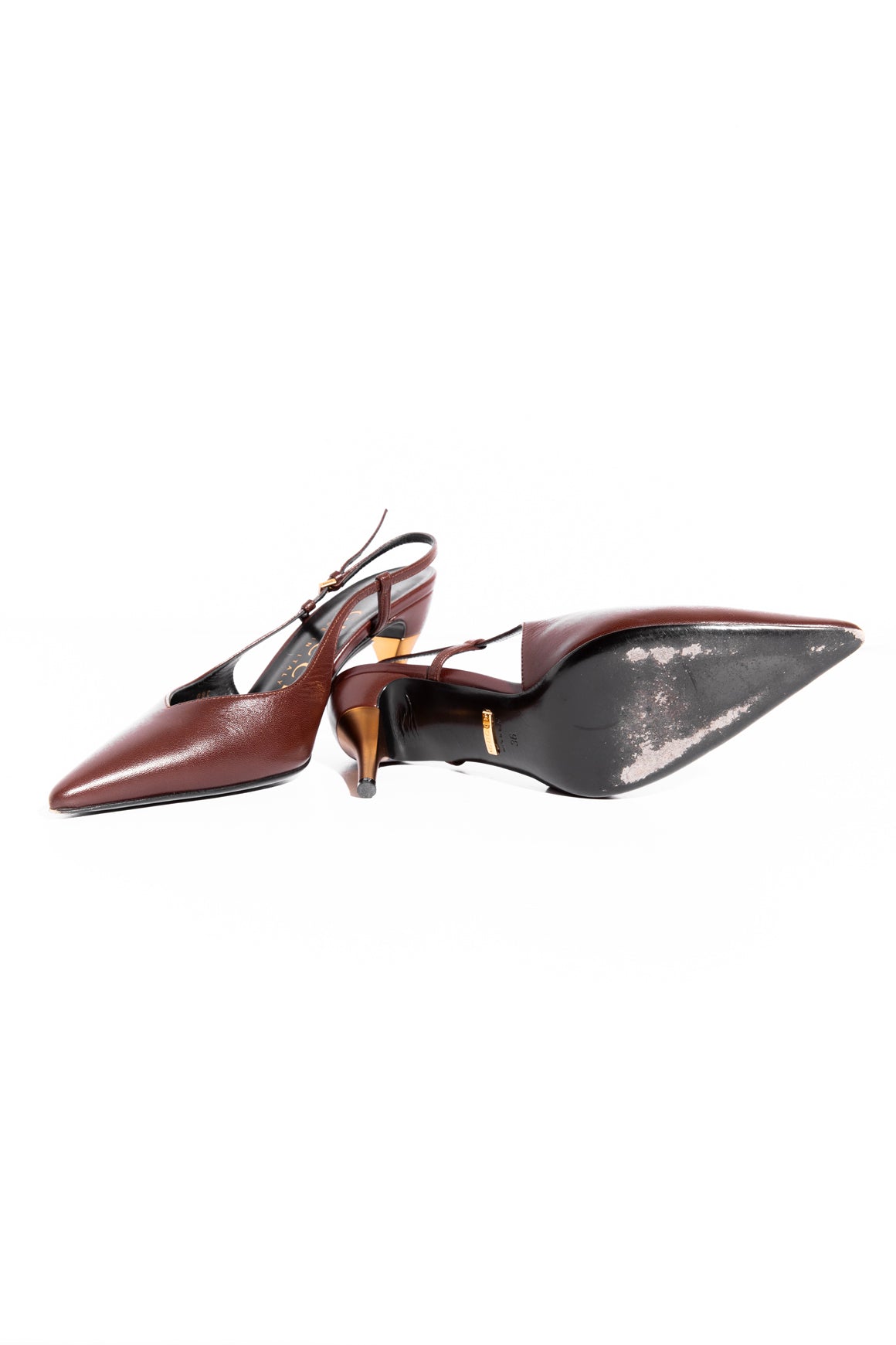 GUCCI Brown Pointed Slingback Gold Heels (Sz. 36)