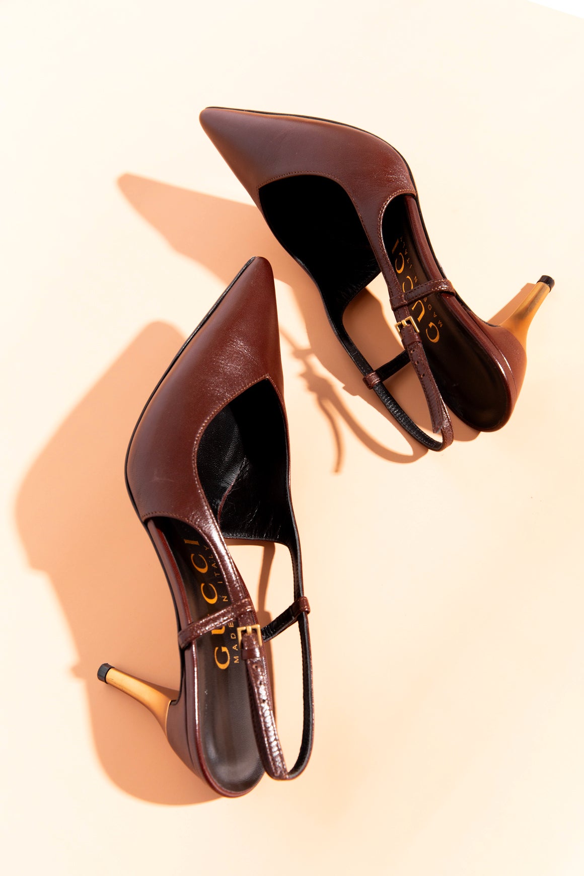 GUCCI Brown Pointed Slingback Gold Heels (Sz. 36)