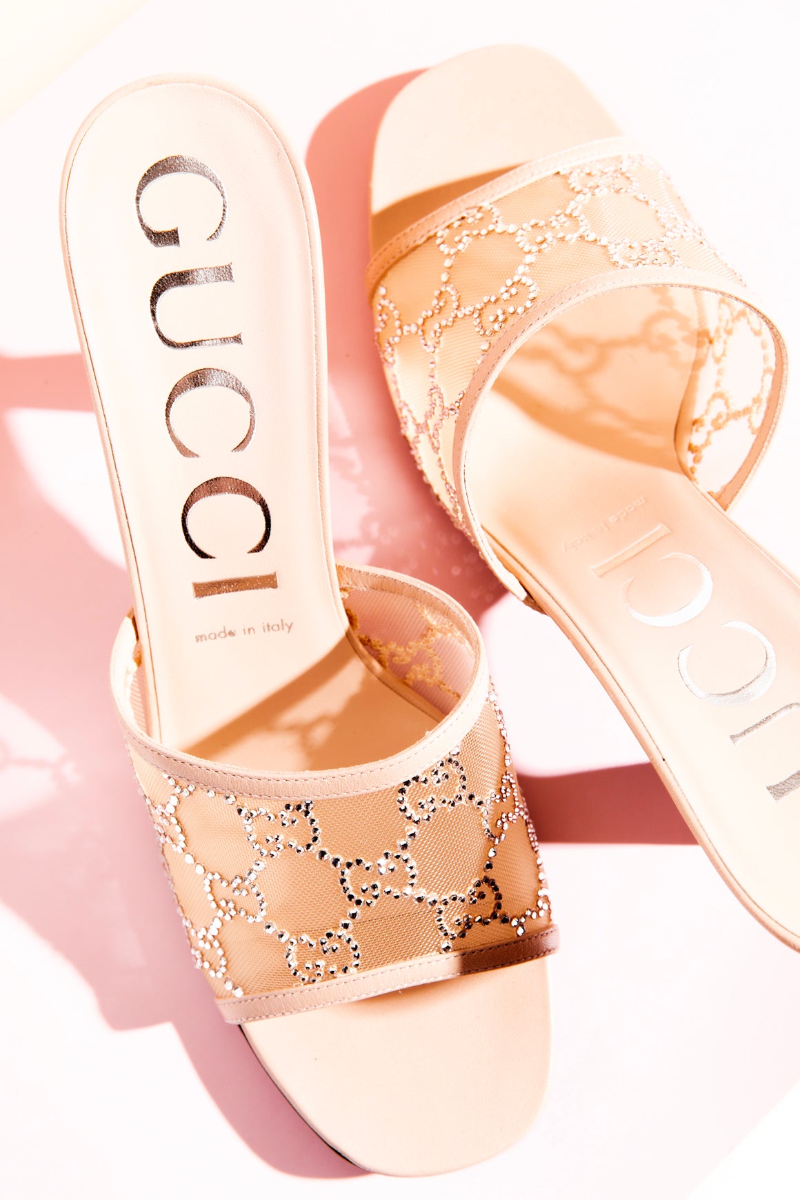 GUCCI Nude Crystal GG Mesh Strap Heeled Sandals (Sz. 40