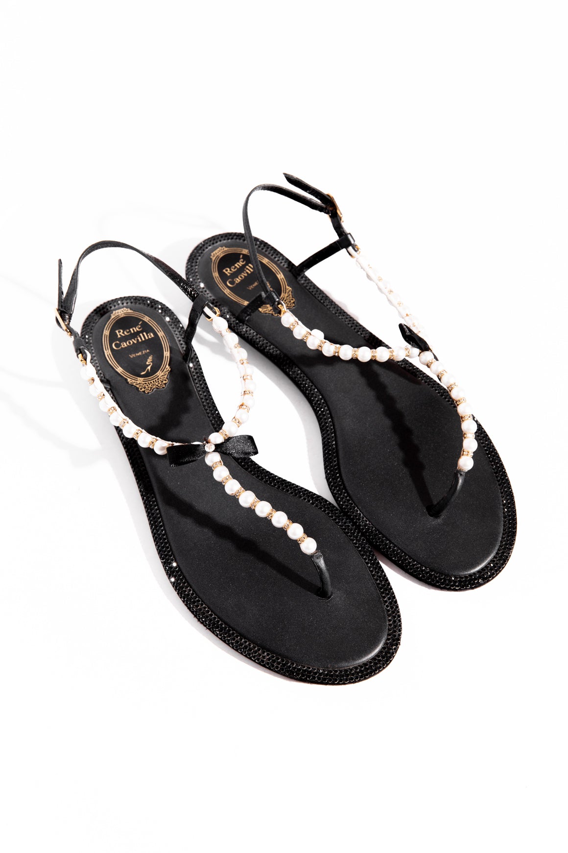 RENE CAOVILLA Black Crystal & Pearl Thong Sandals (Sz. 40)