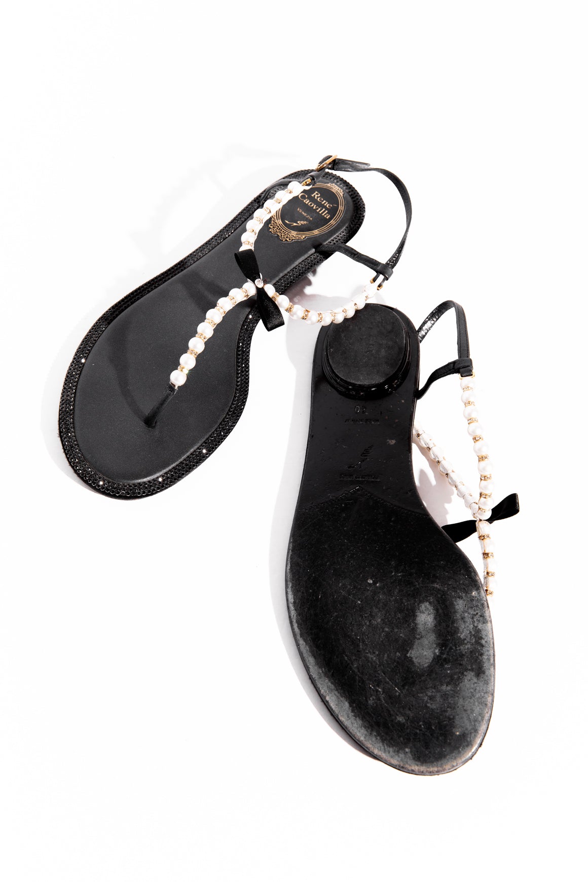 RENE CAOVILLA Black Crystal & Pearl Thong Sandals (Sz. 40)