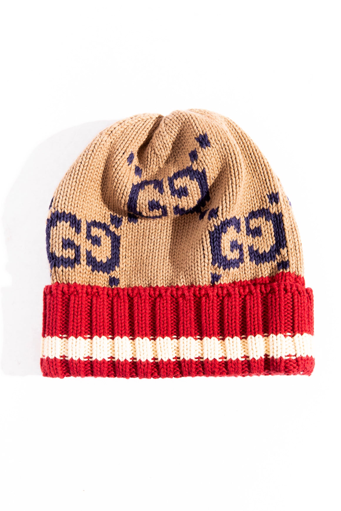 GUCCI Tan/Red/Blue Knit Beanie