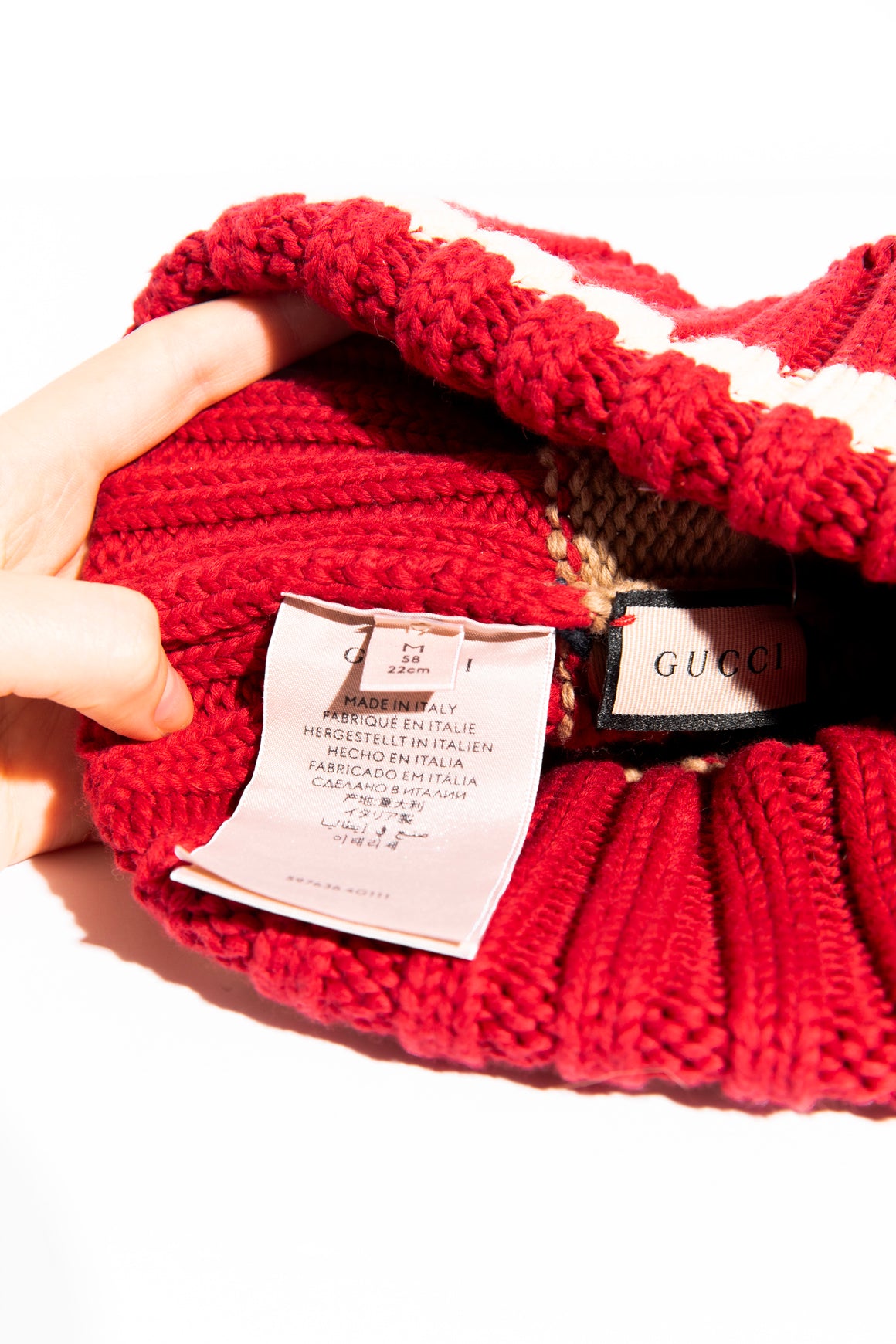 GUCCI Tan/Red/Blue Knit Beanie