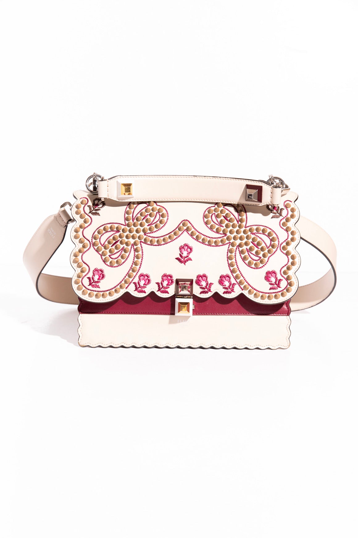 FENDI Cream Studded Embroidered Kan Bag