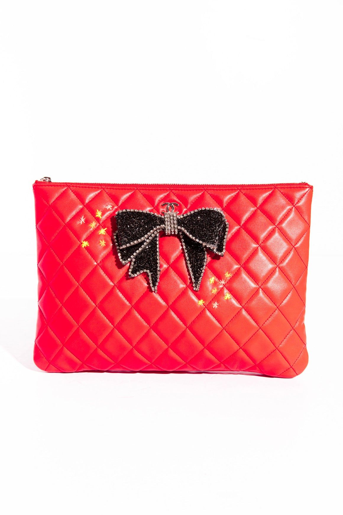 CHANEL Red Quilted Embossed Bow Pouch