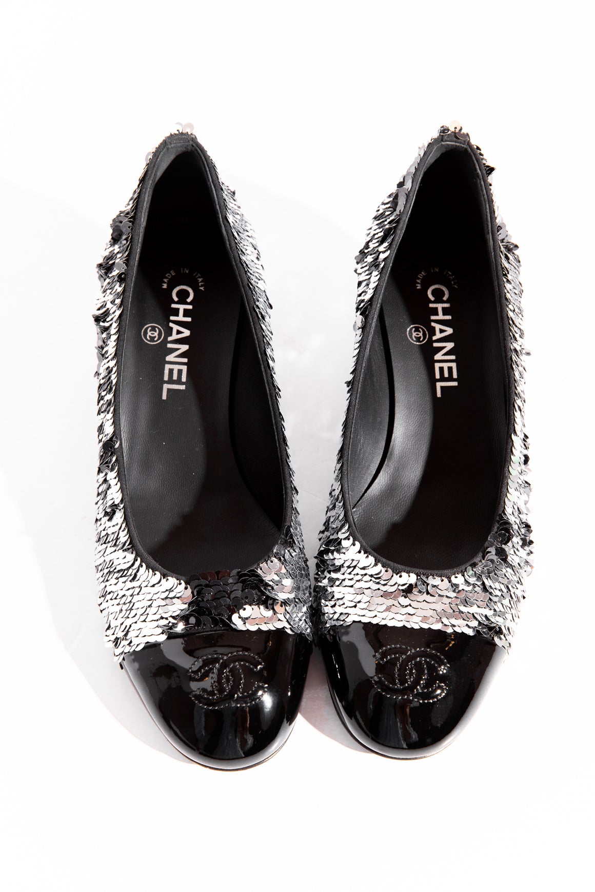 CHANEL Black & Silver Sequin CC Cap Toe Heels (Sz 38.5)