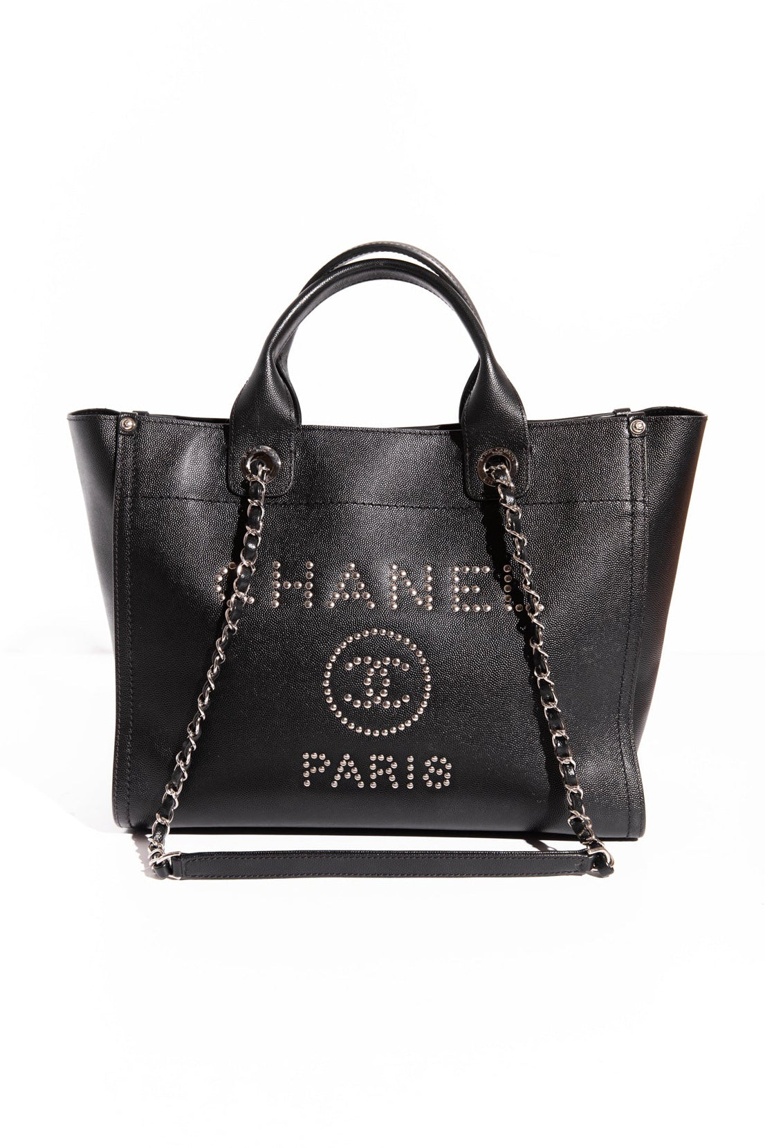 CHANEL Black Caviar Leather Studded Deauville Bag
