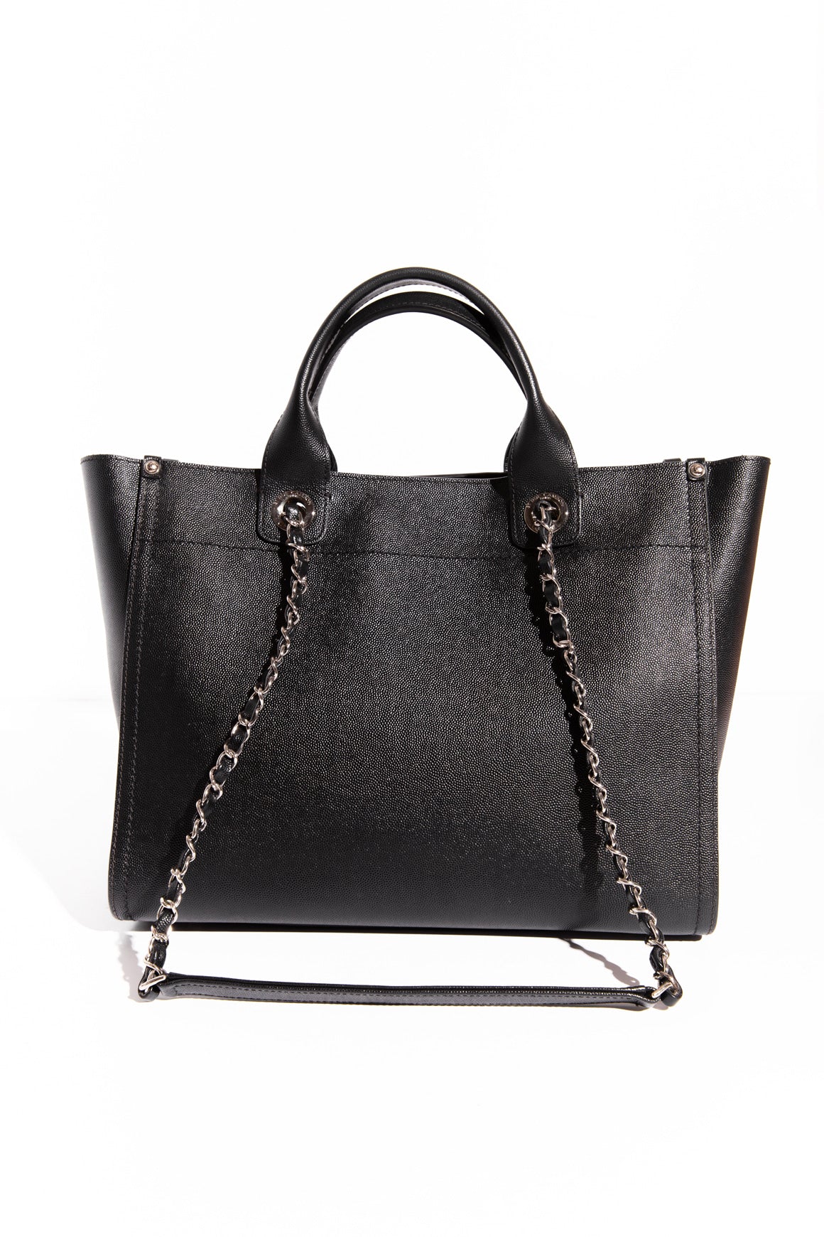 CHANEL Black Caviar Leather Studded Deauville Bag