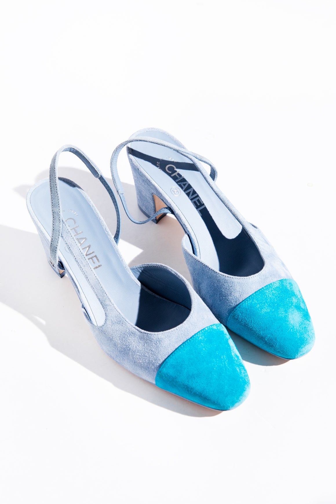 CHANEL 2024 Blue Cap Toe Slingbacks (Sz. 38)