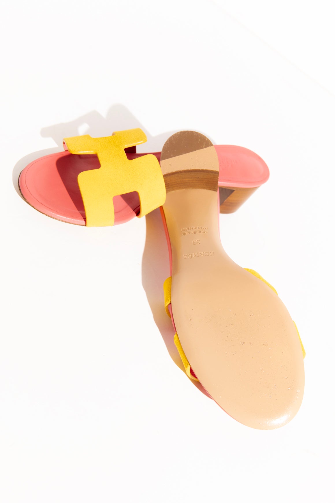 HERMES Yellow + Pink Stacked Mid Heel Sandal (Sz. 39)