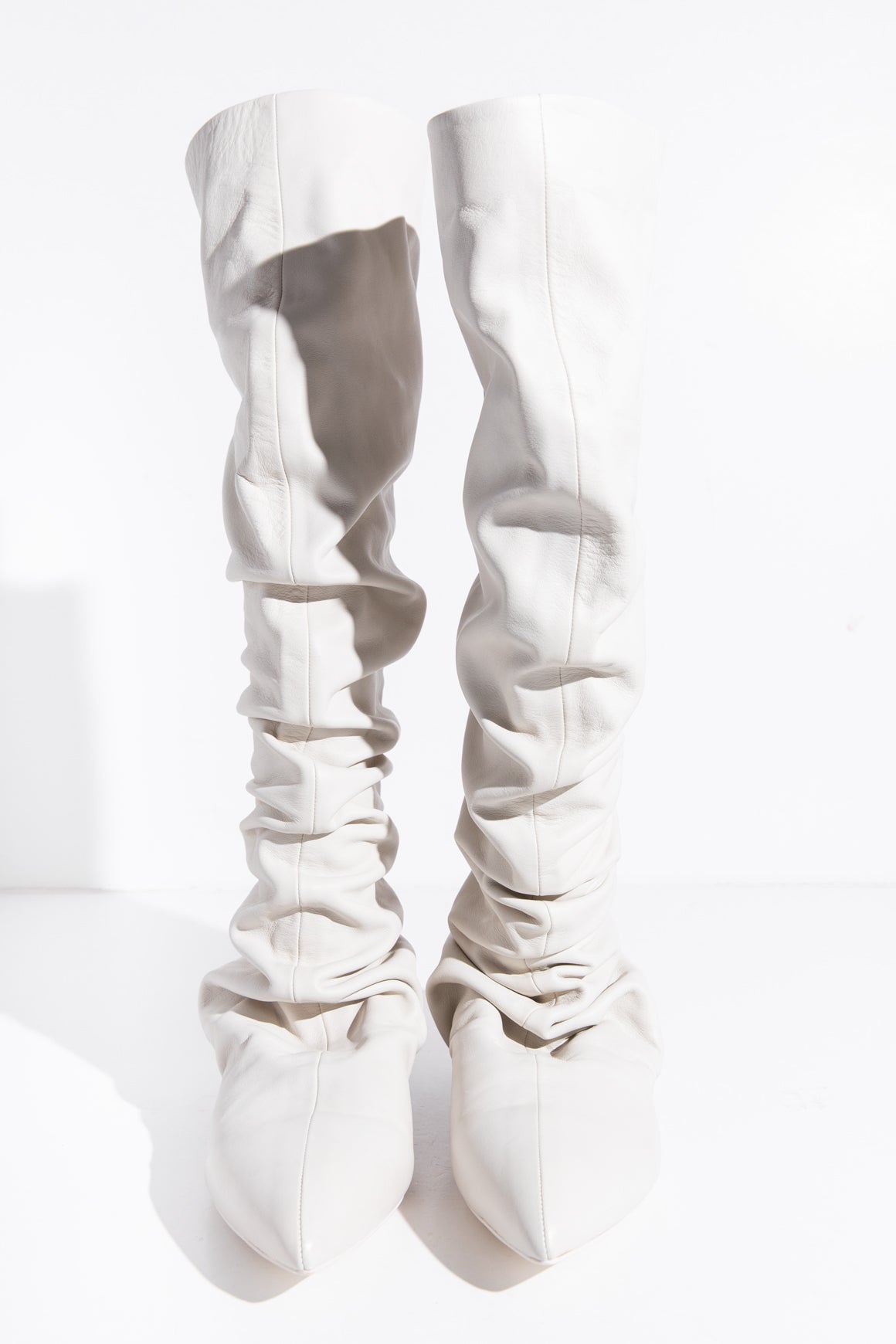 JIL SANDER Ivory Leather Ruched Boots (Sz. 40)