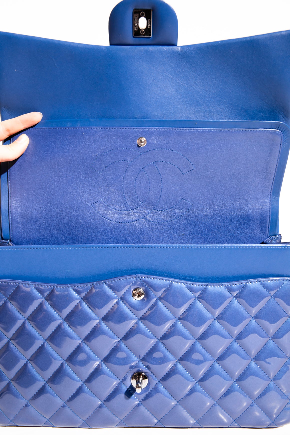 CHANEL 2013 Blue Patent Maxi Double Flap