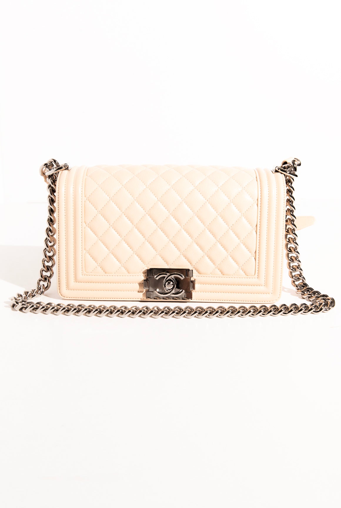 CHANEL Light Beige Grained Calfskin Boy Bag
