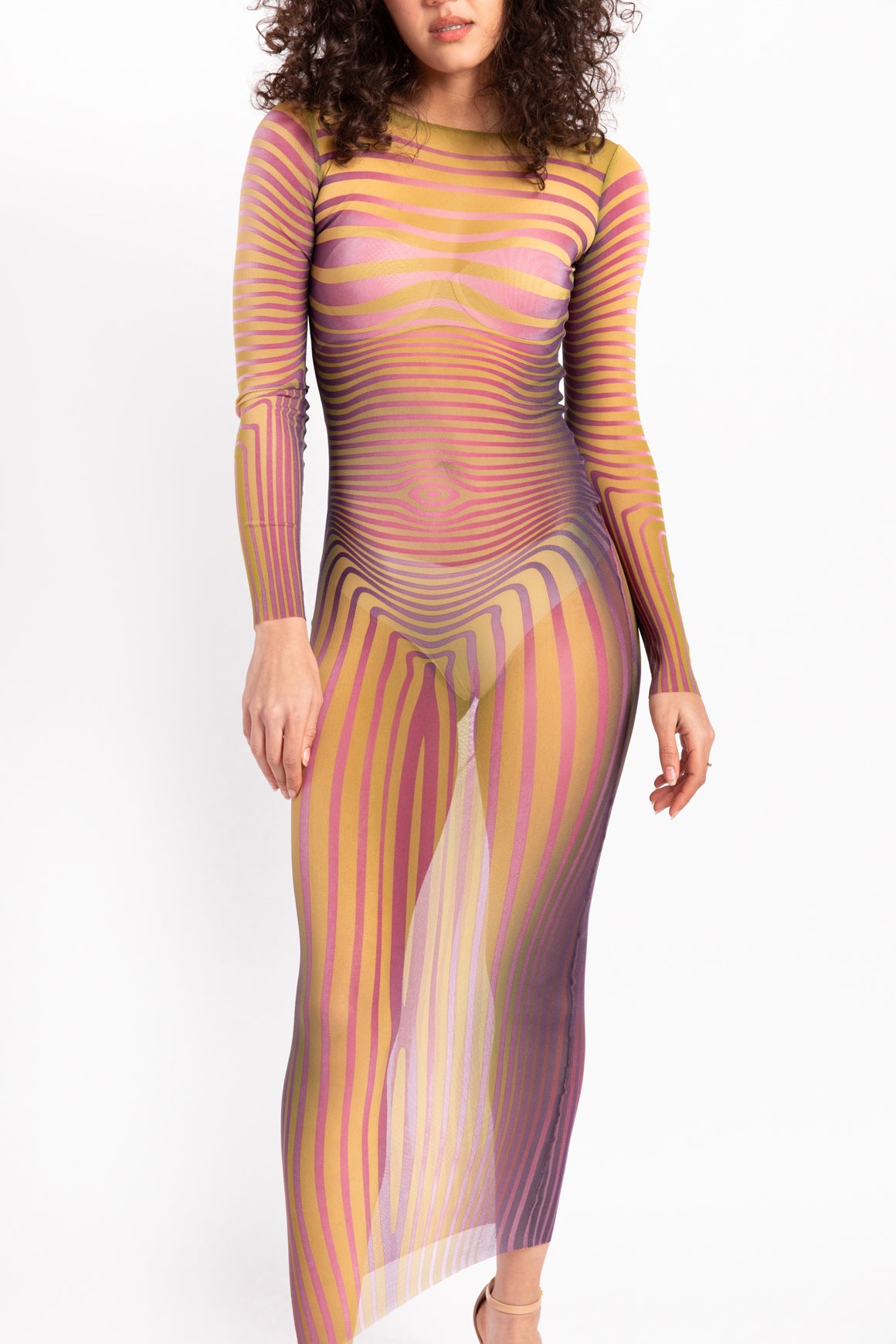 JEAN PAUL GAULTIER Lime & Purple Mesh "The Body Morphing" Maxi Dress