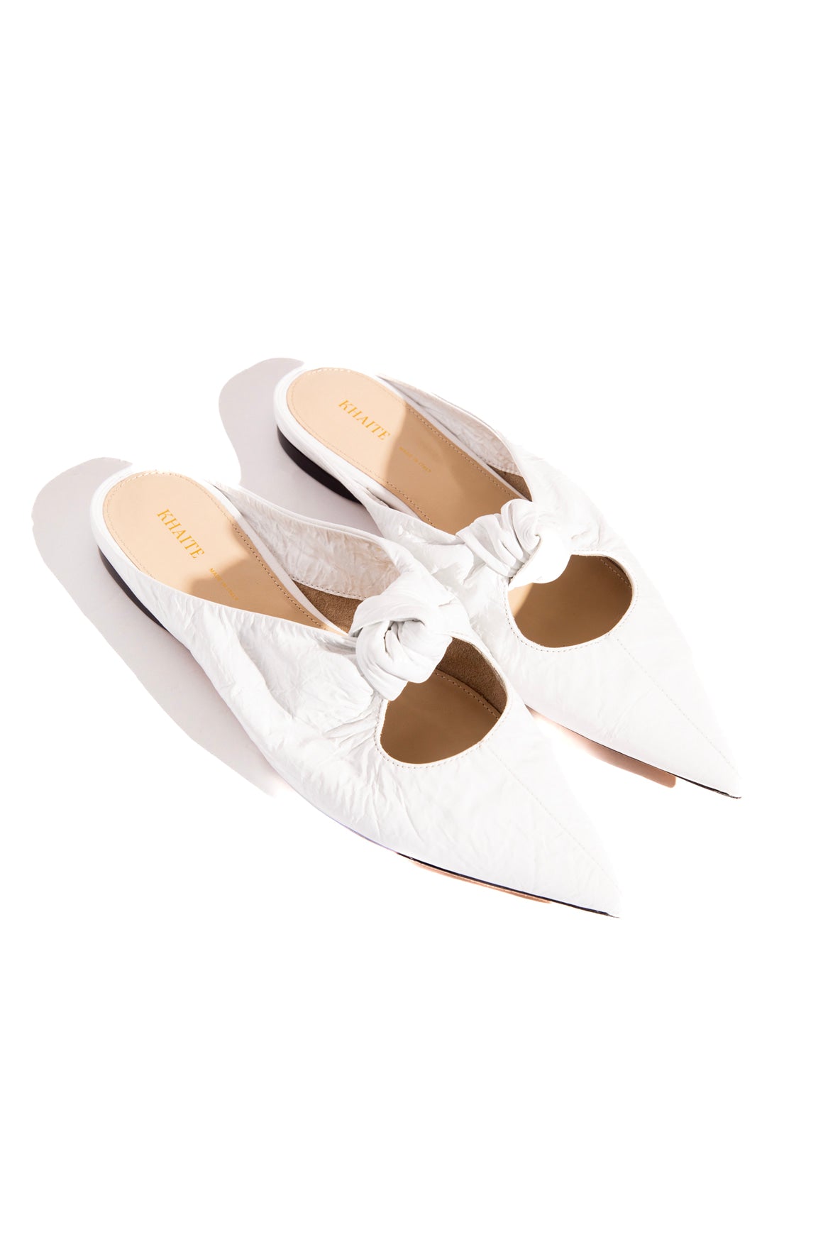 KHAITE White Crinkle 'Rowan' Knotted Leather Mules (Sz. 36)