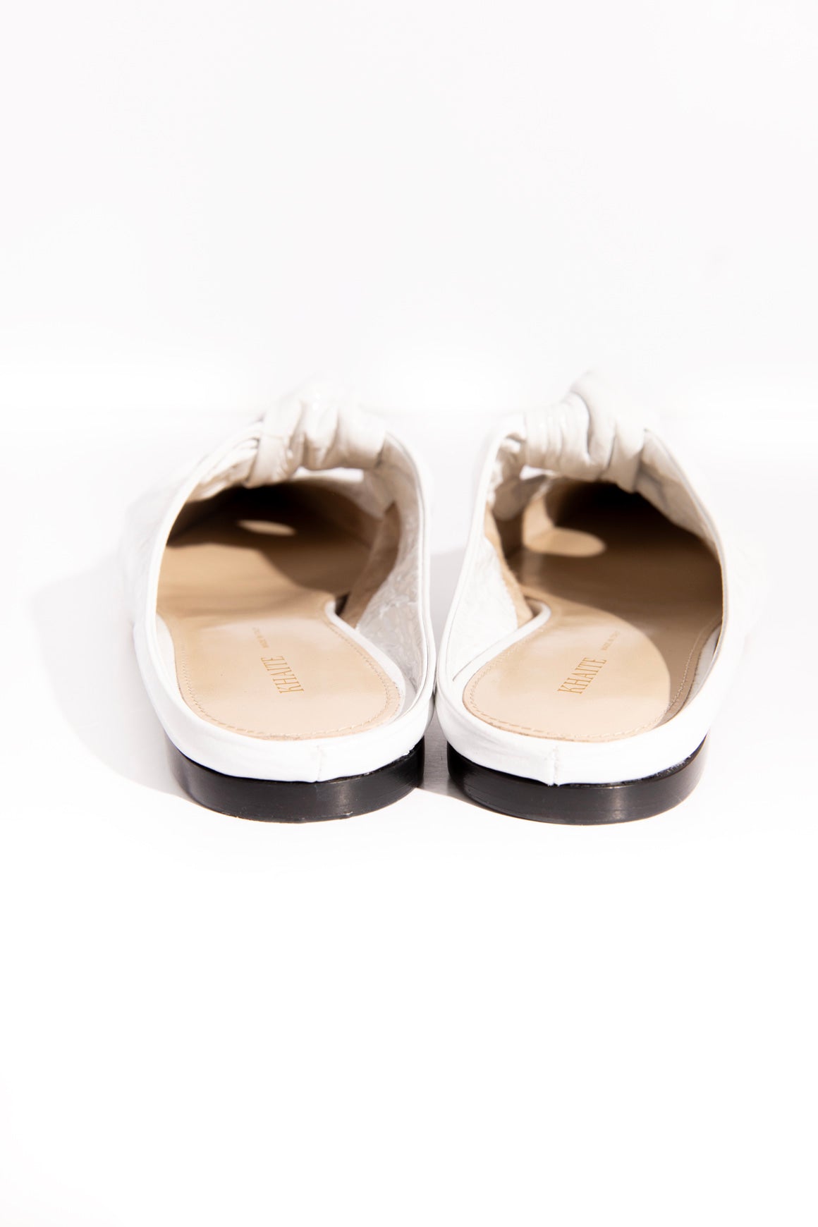 KHAITE White Crinkle 'Rowan' Knotted Leather Mules (Sz. 36)