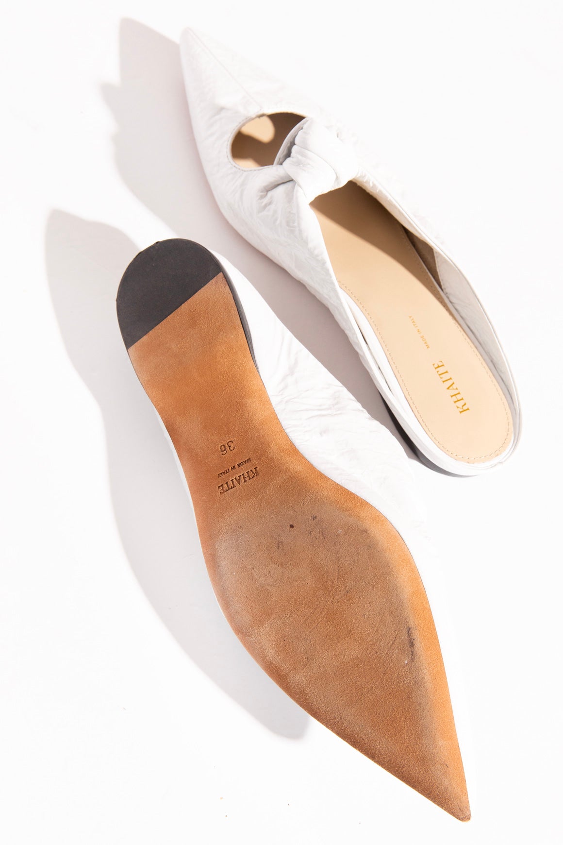 KHAITE White Crinkle 'Rowan' Knotted Leather Mules (Sz. 36)