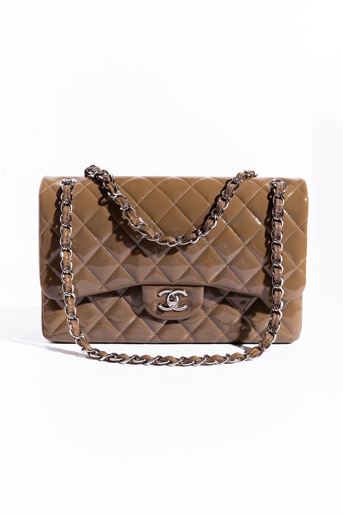 CHANEL Olive Patent Leather Jumbo Double Flap Bag