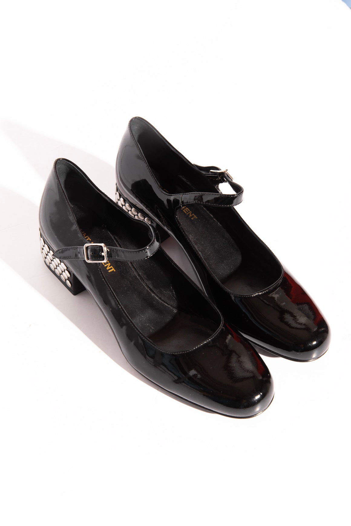 SAINT LAURENT Black Patent Grommet Accent Maryjanes (Sz. 36)