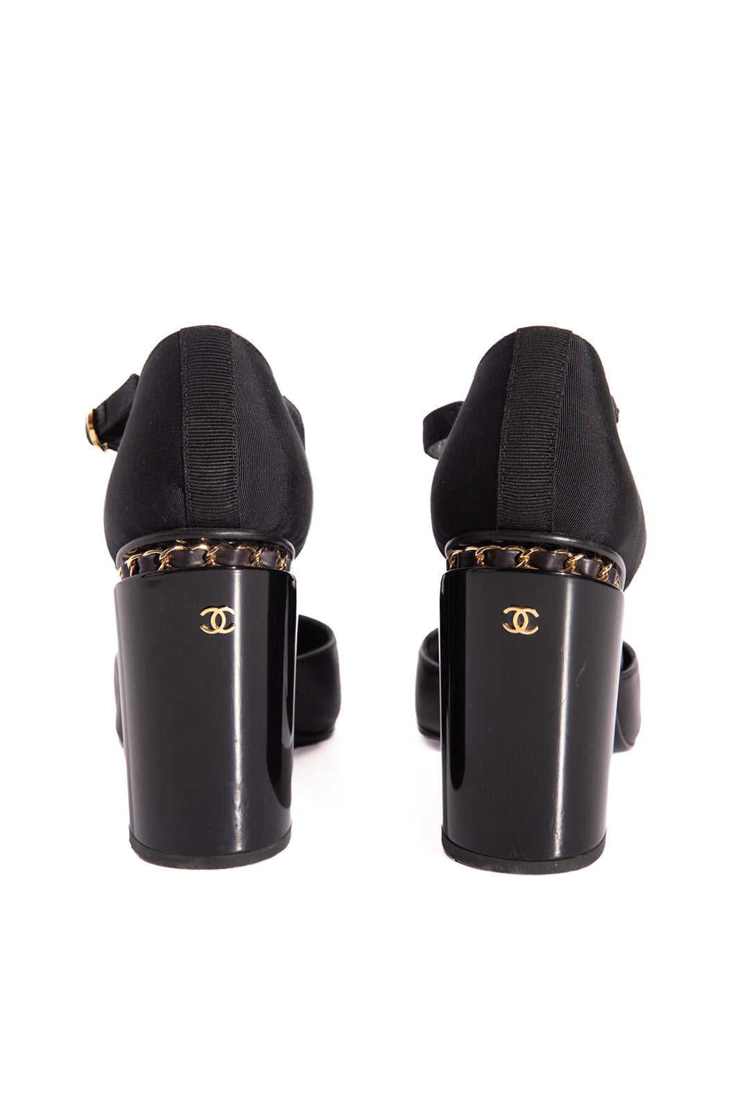 CHANEL Black Patent Cap Toe Mary-Jane Pumps (Sz. 38.5)