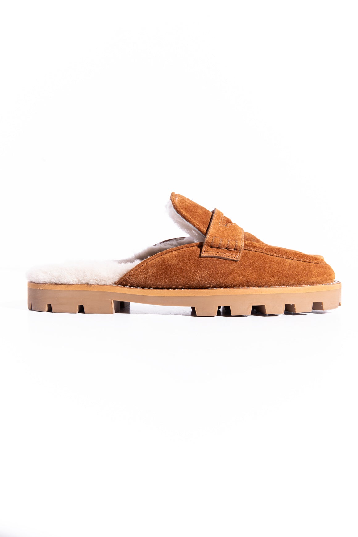 JIMMY CHOO Tan Shearling-lined Suede Mules (Sz. 36.5)