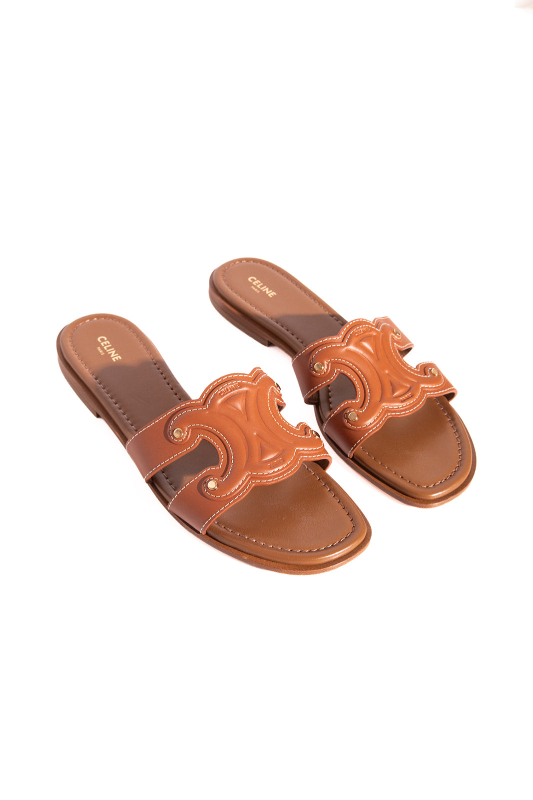 CELINE Tan Calfskin Triomphe Logo Mules (Sz. 39)