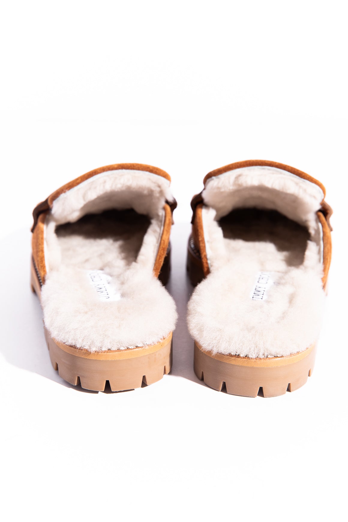 JIMMY CHOO Tan Shearling-lined Suede Mules (Sz. 36.5)