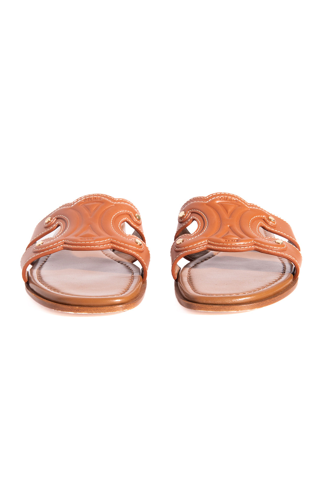 CELINE Tan Calfskin Triomphe Logo Mules (Sz. 39)