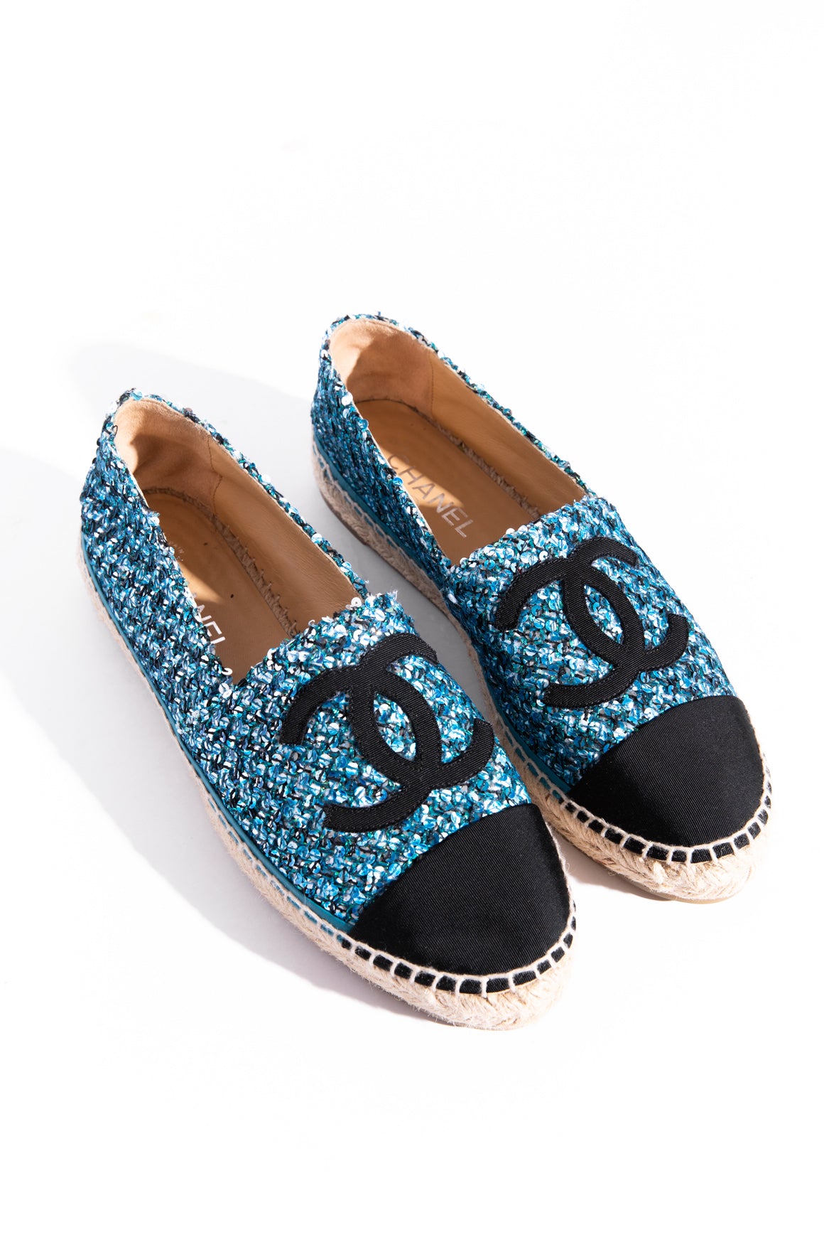 CHANEL Blue Sequin Tweed Espadrilles (Sz. 41)