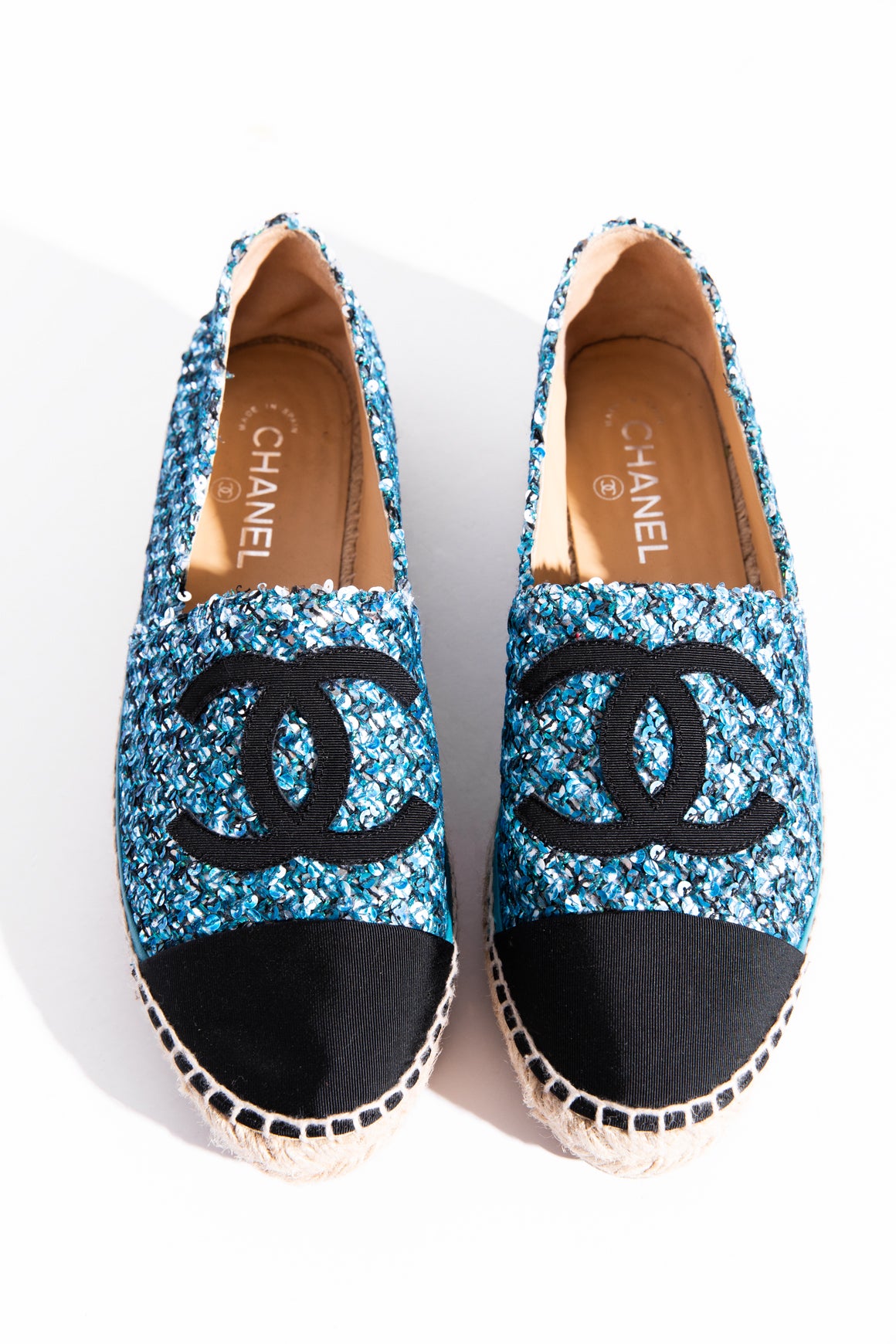 CHANEL Blue Sequin Tweed Espadrilles (Sz. 41)