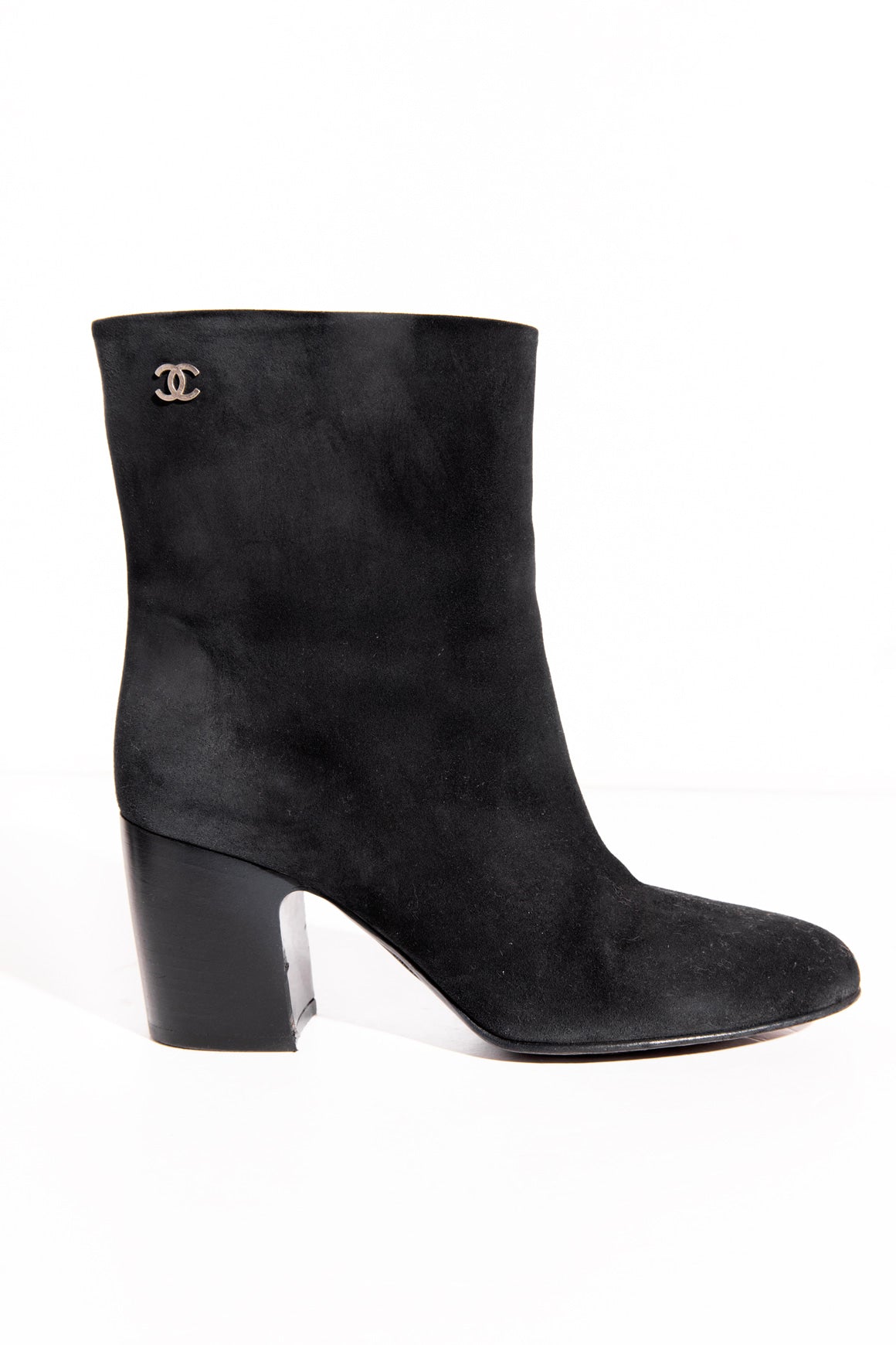 CHANEL Black Suede Block Heel Booties (Sz.41)