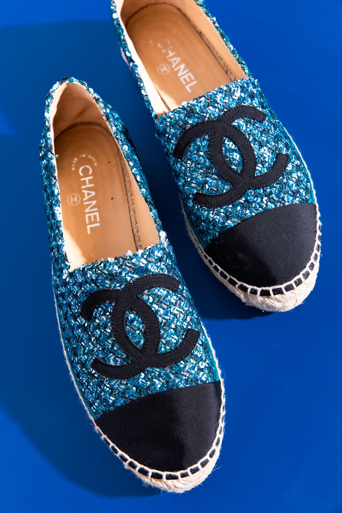 CHANEL Blue Sequin Tweed Espadrilles (Sz. 41)