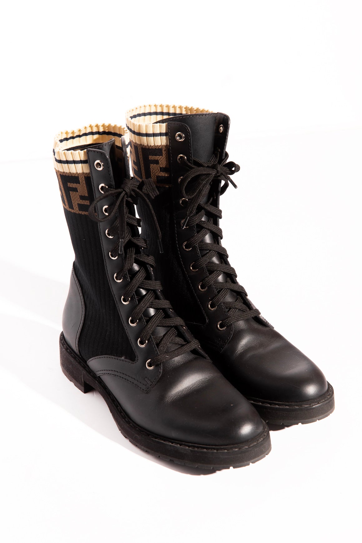 FENDI Black Zucca Detail Lace Up Boots (Sz. 39.5)