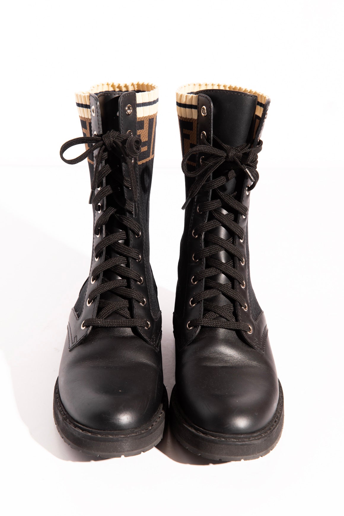 FENDI Black Zucca Detail Lace Up Boots (Sz. 39.5)