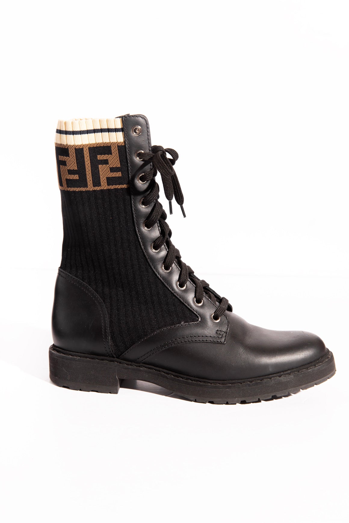 FENDI Black Zucca Detail Lace Up Boots (Sz. 39.5)