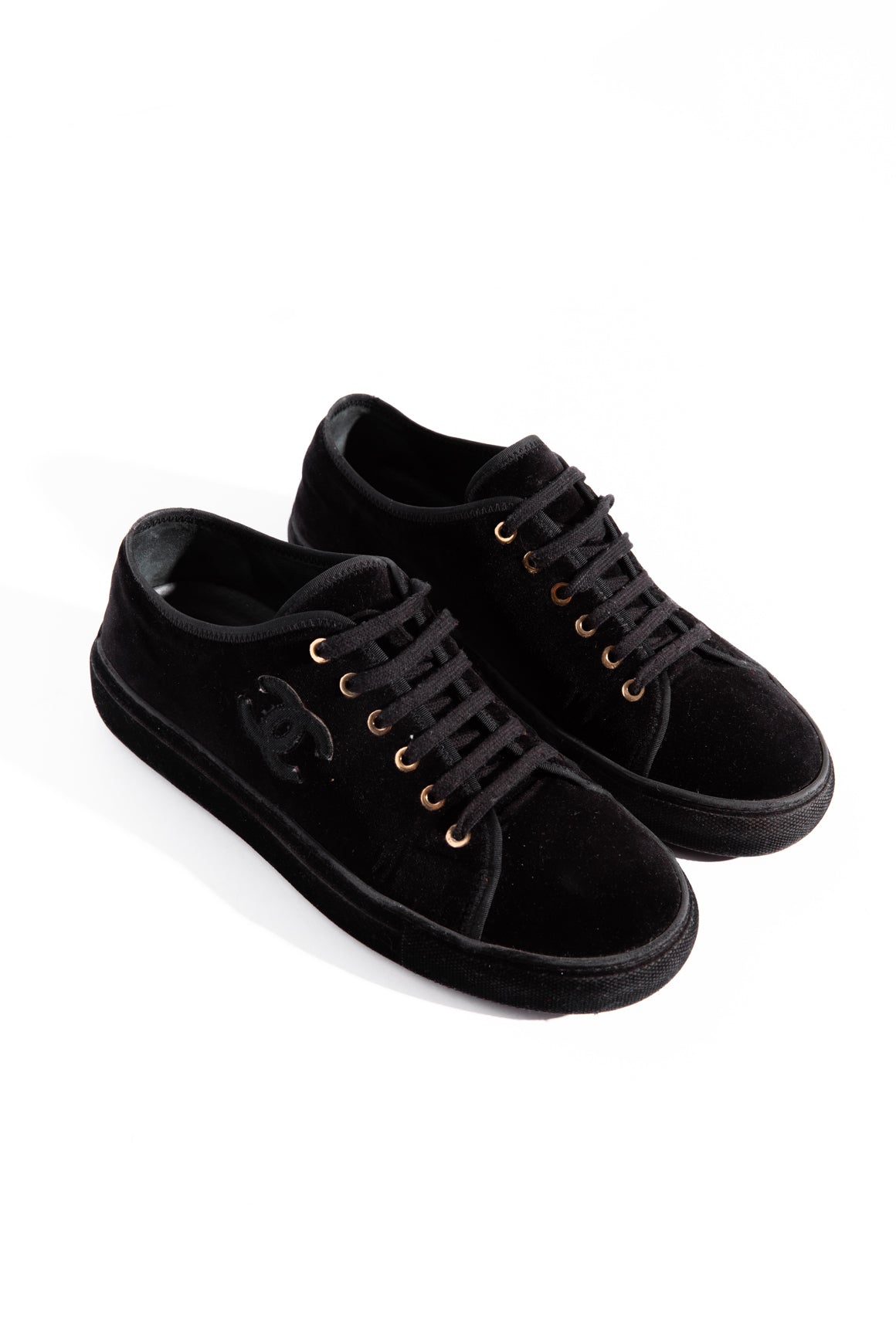 CHANEL Black Velvet Low-Top Sneakers (Sz. 38.5)