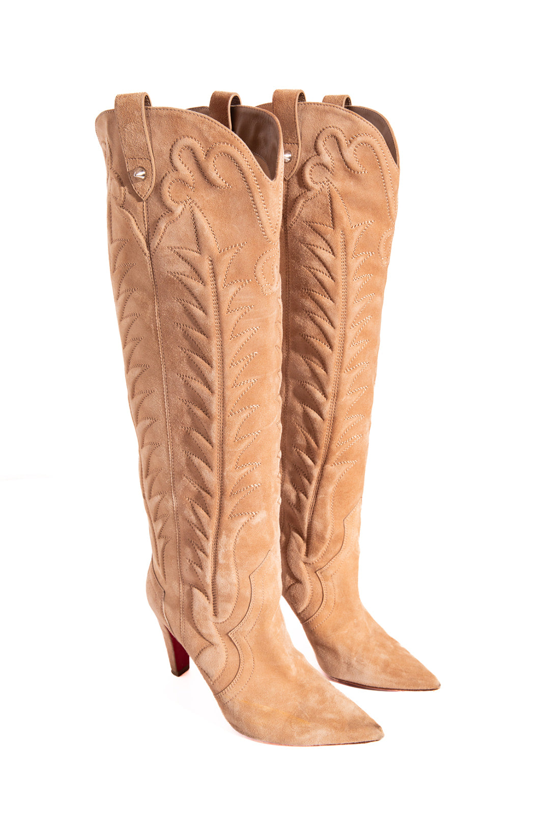 LOUBOUTIN Tan Suede Knee High Heeled "Santia" Boots (Sz. 38)