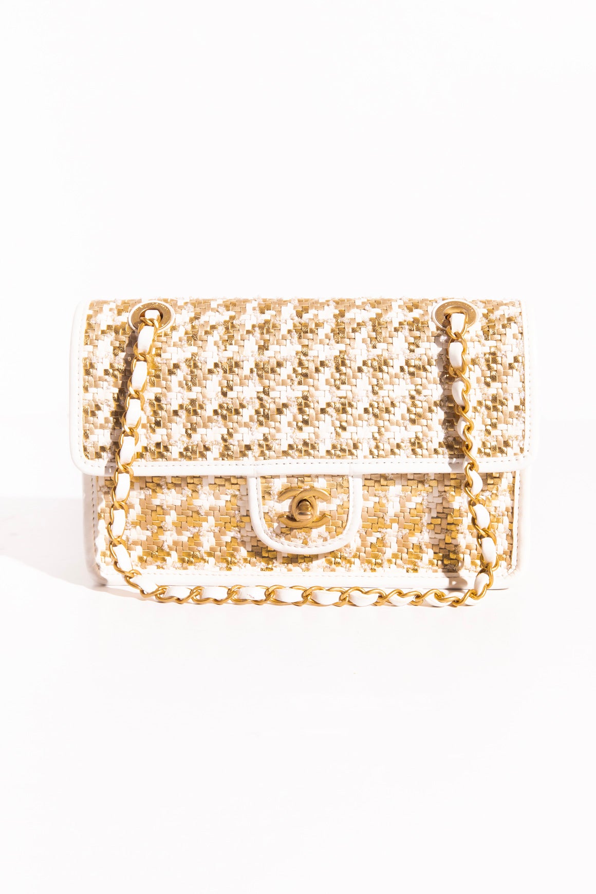 CHANEL Gold & White Tweed Flap Bag