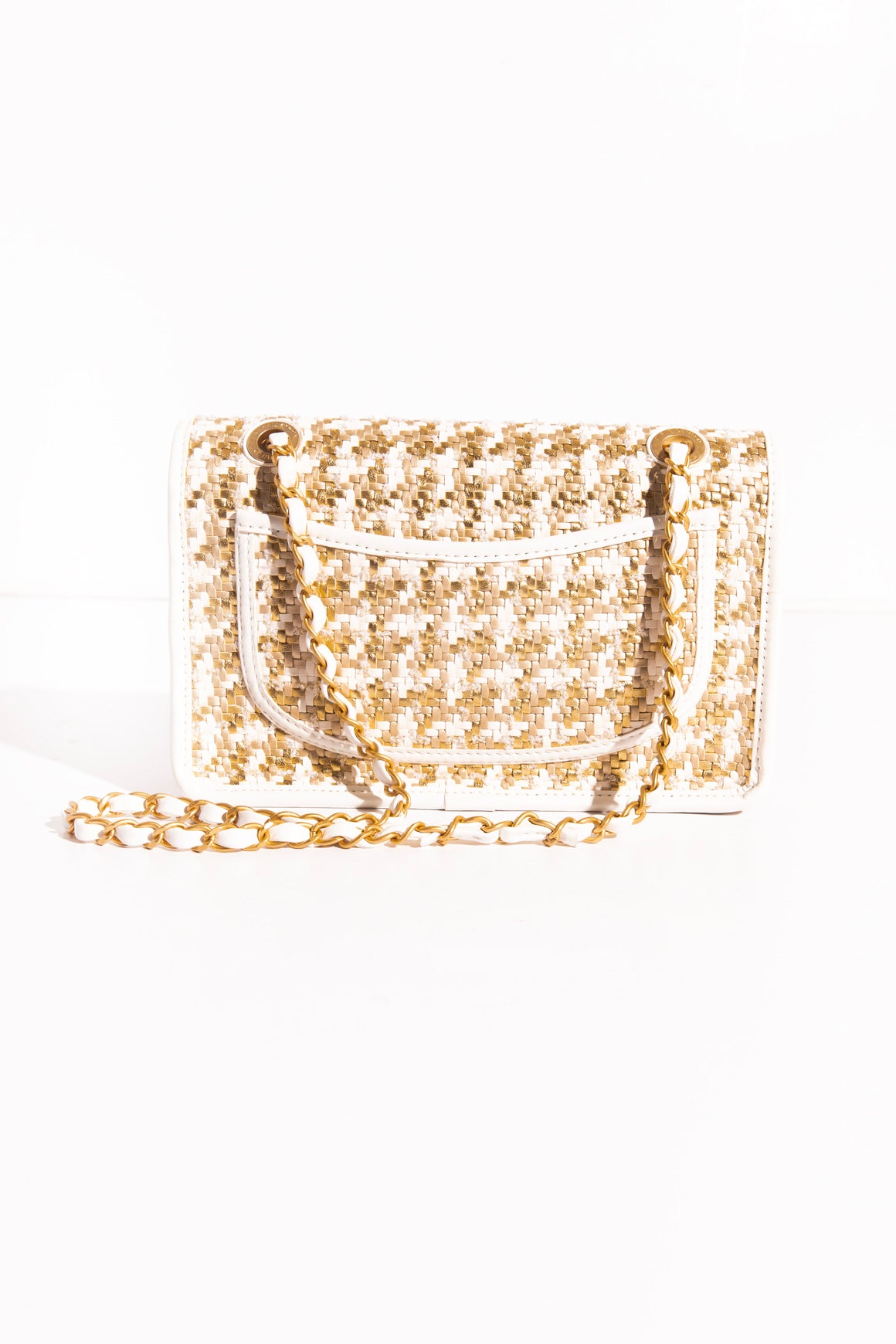 CHANEL Gold & White Tweed Flap Bag