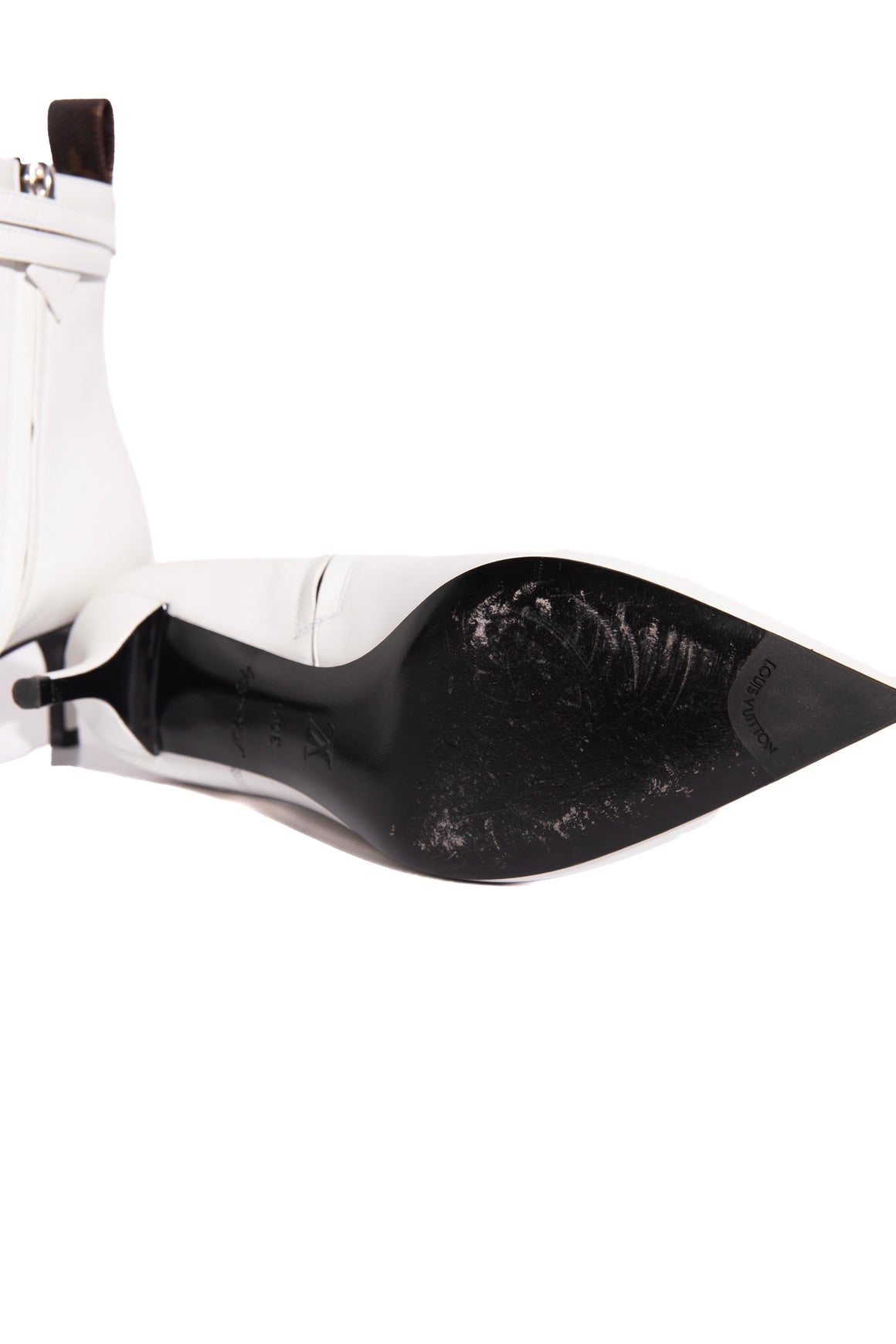 LOUIS VUITTON Whitte Logo Strap Kitten Heel Booties (Sz.36.5)