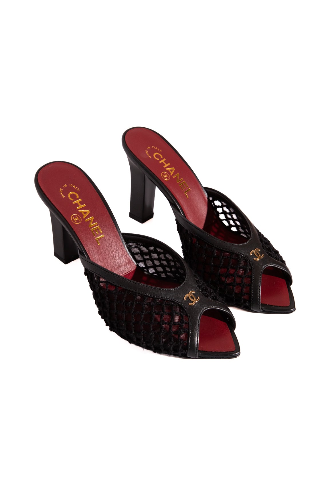 CHANEL Black Pointed Mesh Heeled Mules (Sz. 37.5)