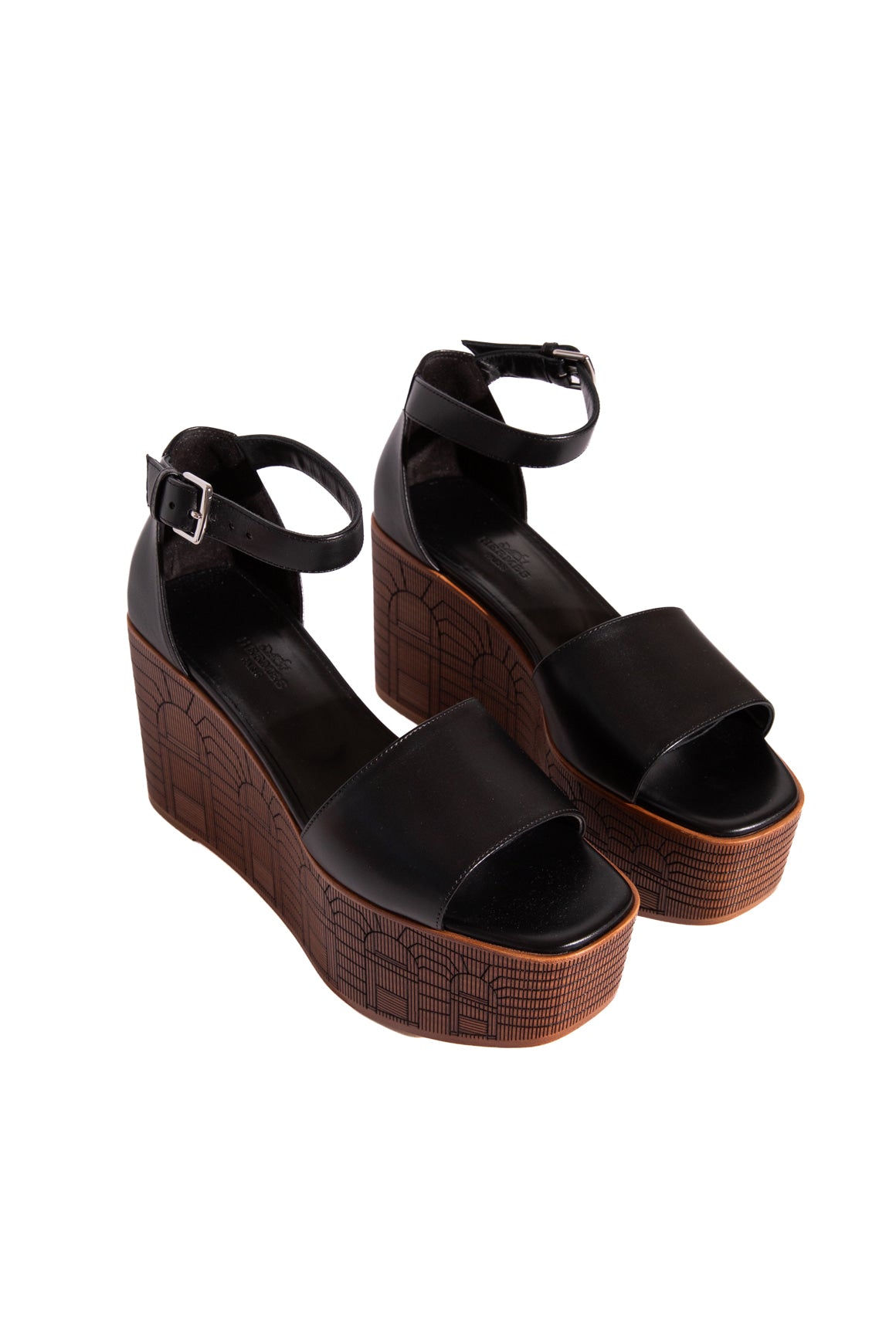 HERMES Black Leather Wooden Illusion 35 Platform Sandals (Sz. 37.5)