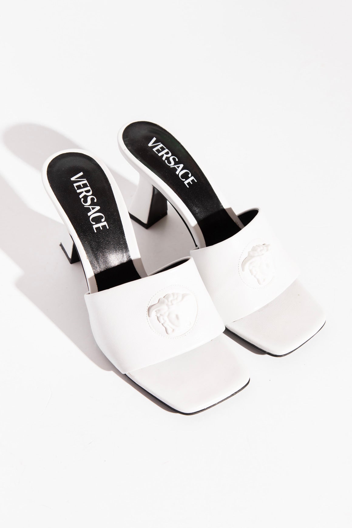 VERSACE White Medusa Blunt Toe Heeled Mules (Sz. 36)