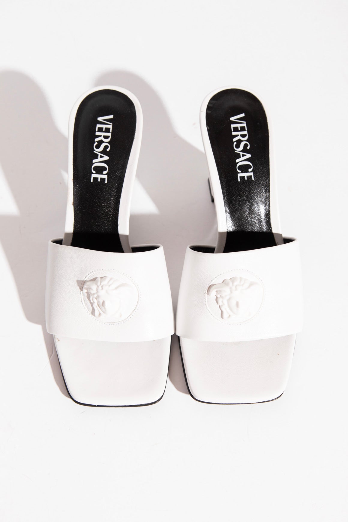 VERSACE White Medusa Blunt Toe Heeled Mules (Sz. 36)