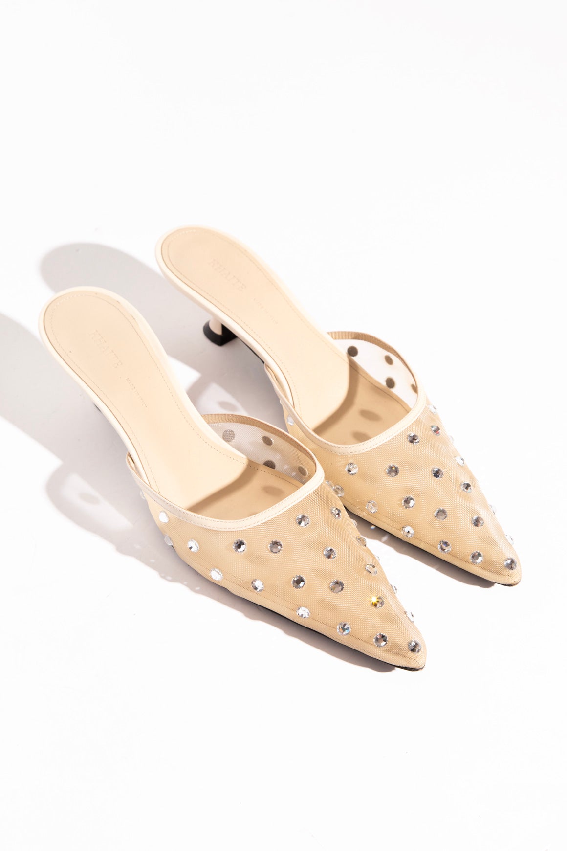 KHAITE Nude Mesh Crystal Kitten Heel Mules (Sz. 36.5)