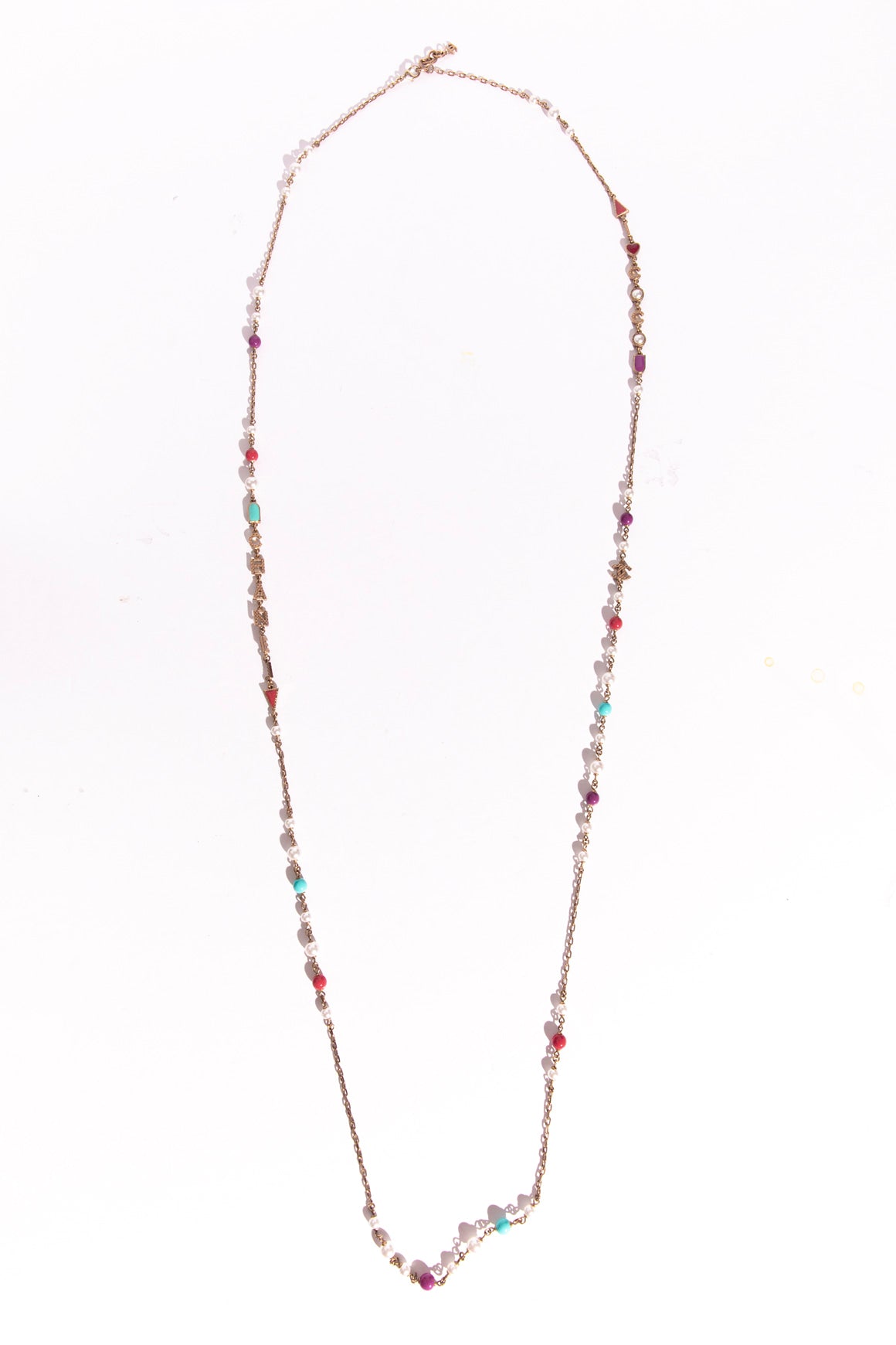 2017 CHANEL Gold Pearl Multi Color Stone Long Necklace | MOSS