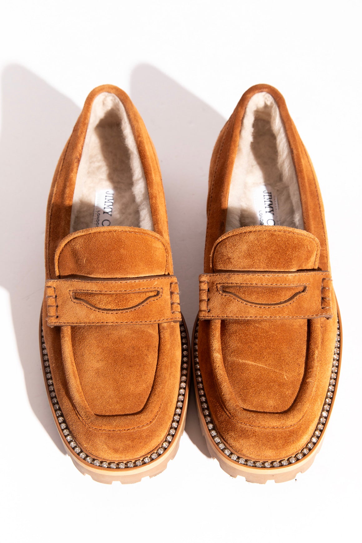 JIMMY CHOO Tan Suede Rhinestone Sole Shearling-Lined Loafer (Sz. 37)