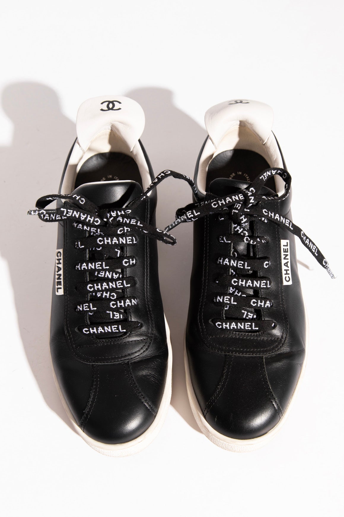 CHANEL Black Leather Logo Lace Sneakers (Sz. 40)